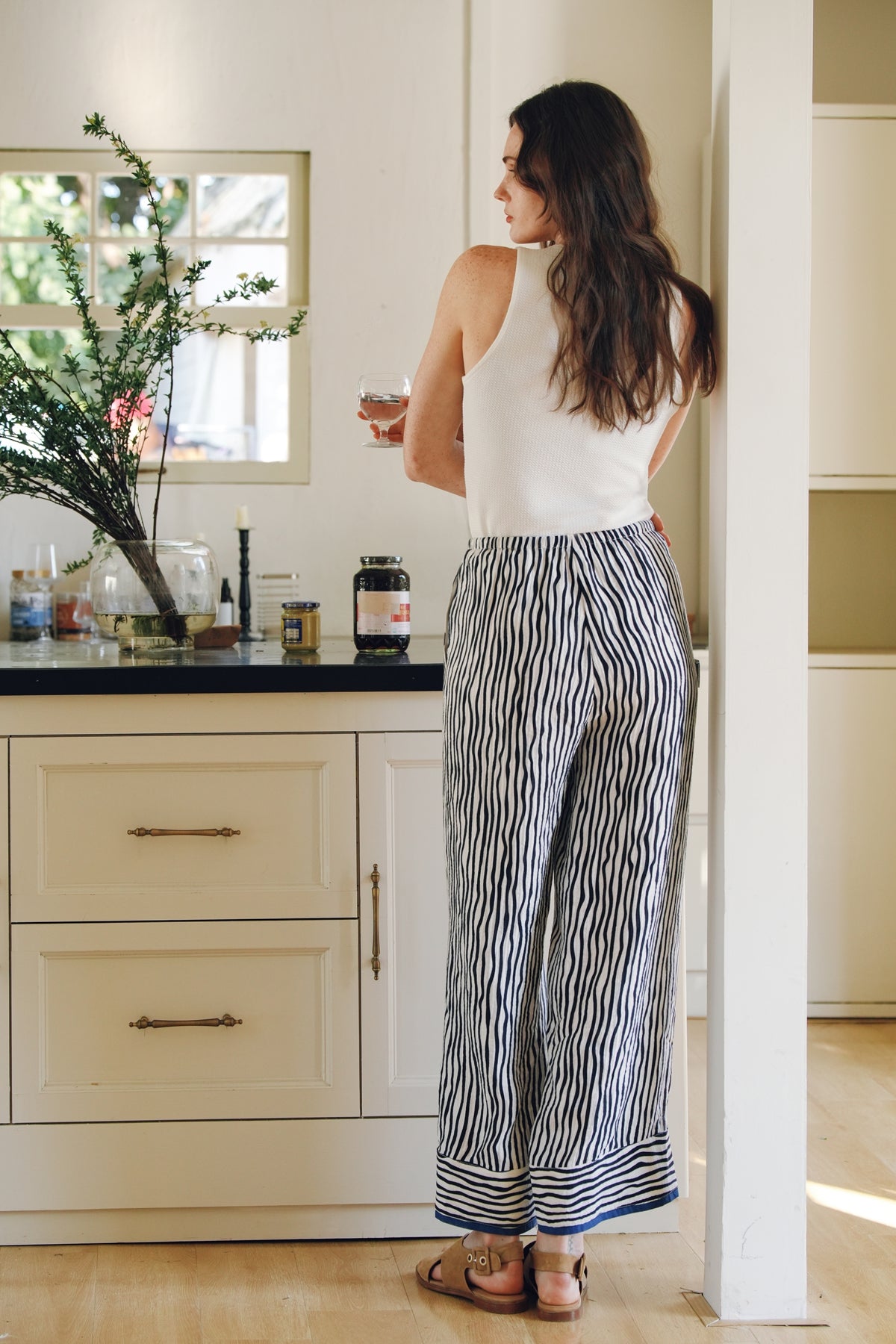 Stripe Tencel-Cotton Blend Wide Pants