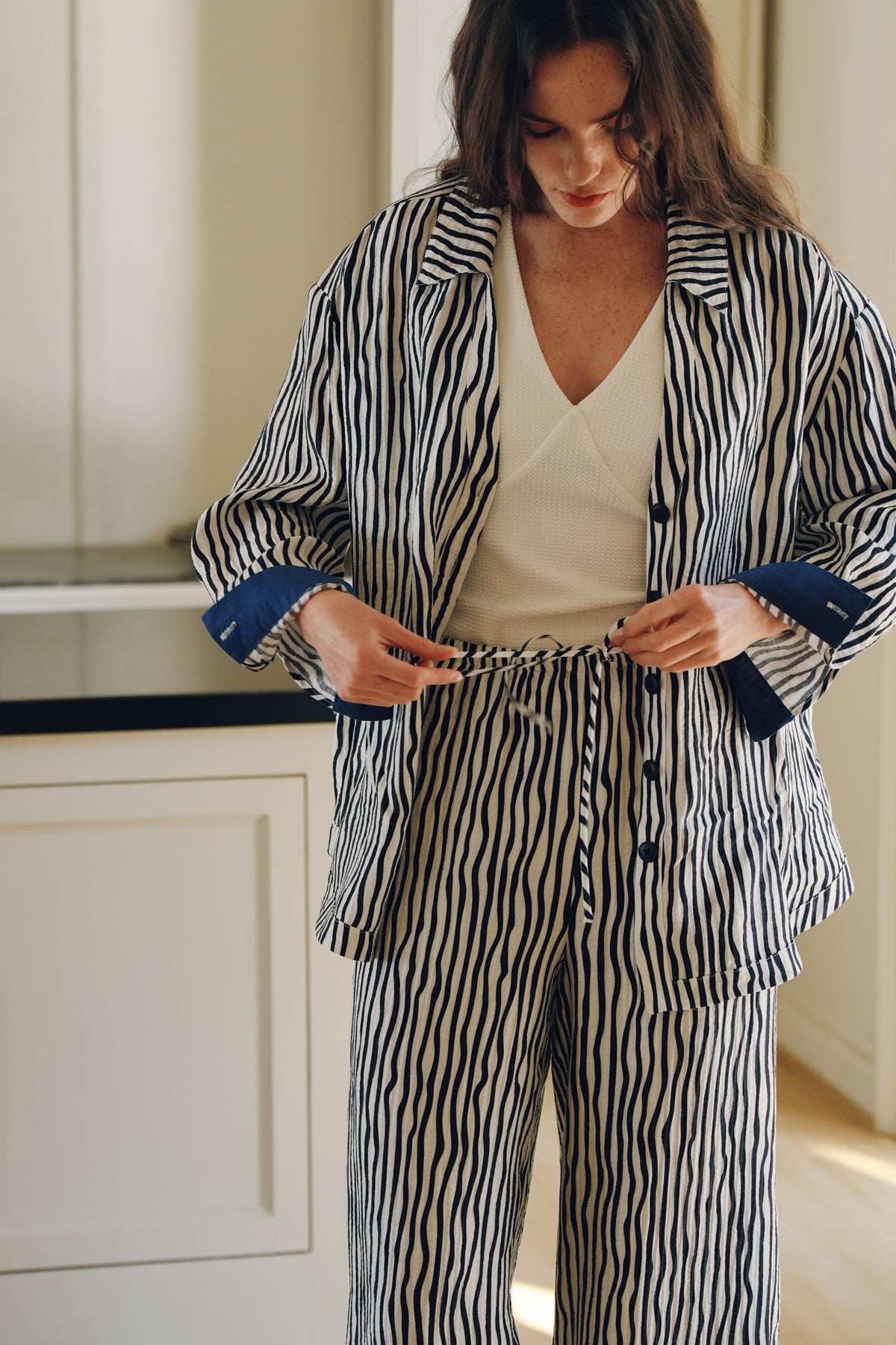 Stripe Tencel-Cotton Blend Wide Pants