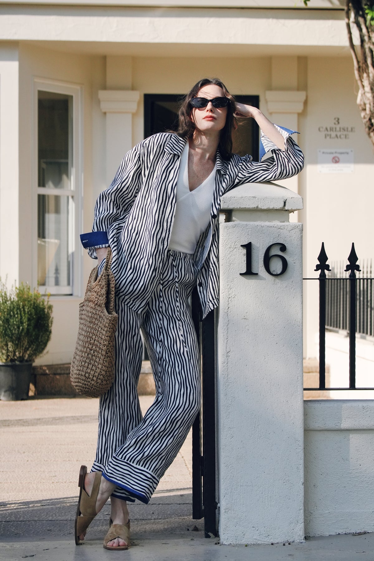 Stripe Tencel-Cotton Blend Wide Pants