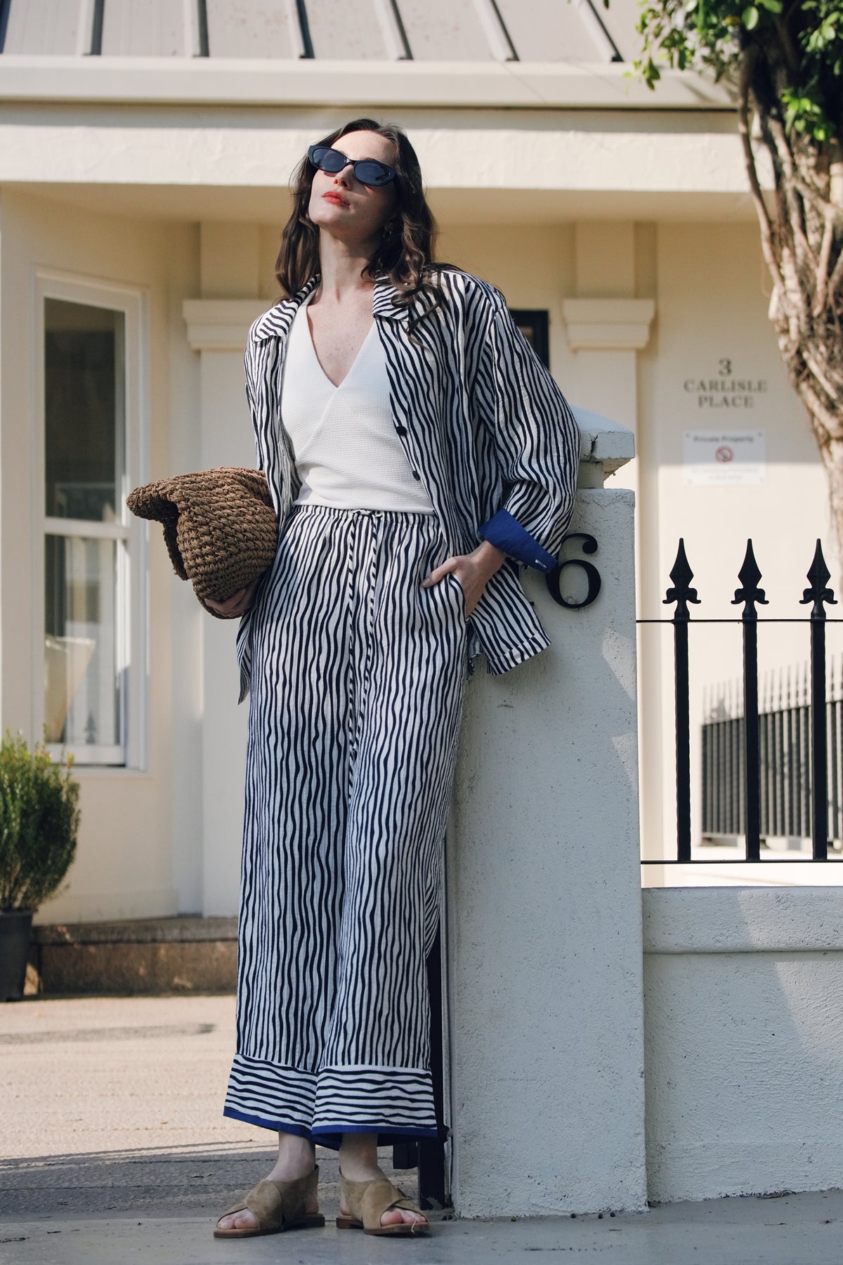 Stripe Tencel-Cotton Blend Wide Pants