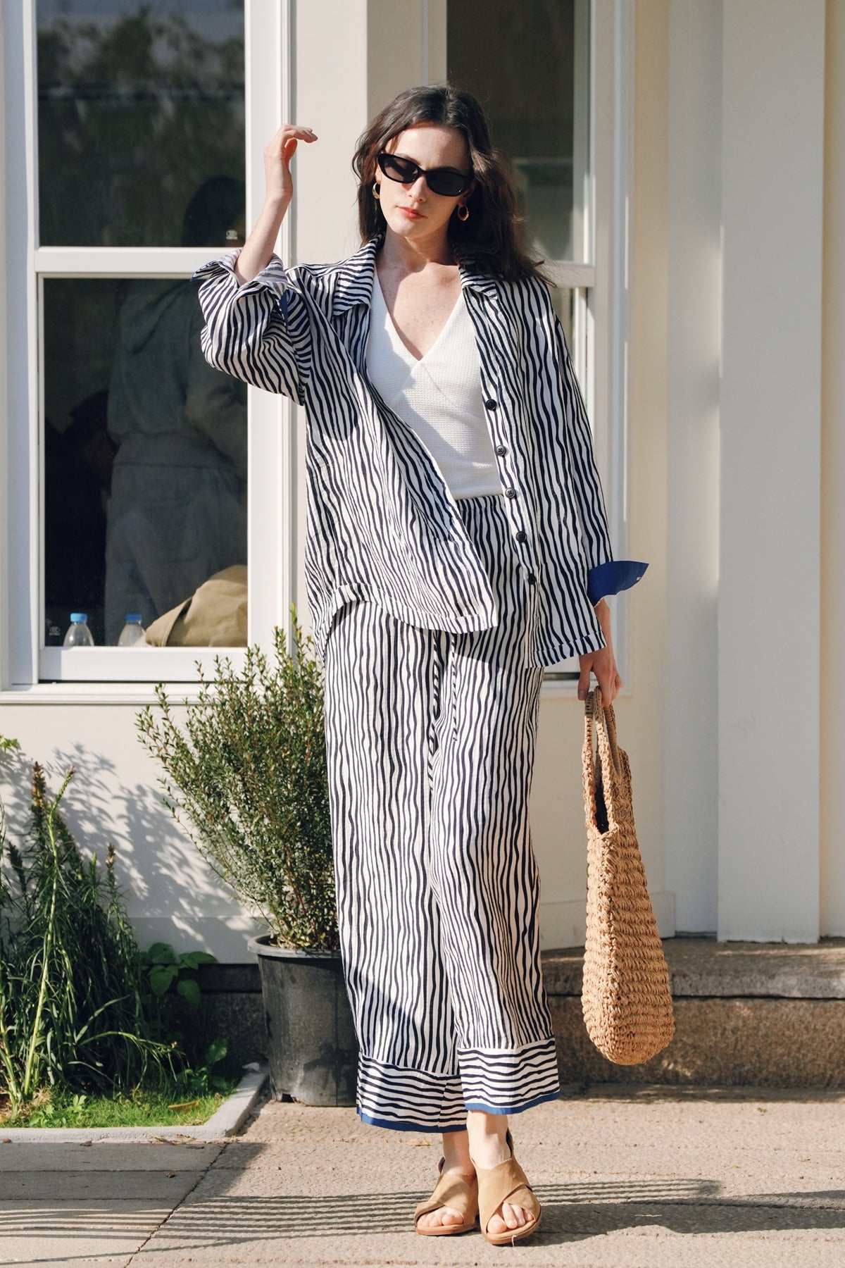Stripe Tencel-Cotton Blend Wide Pants