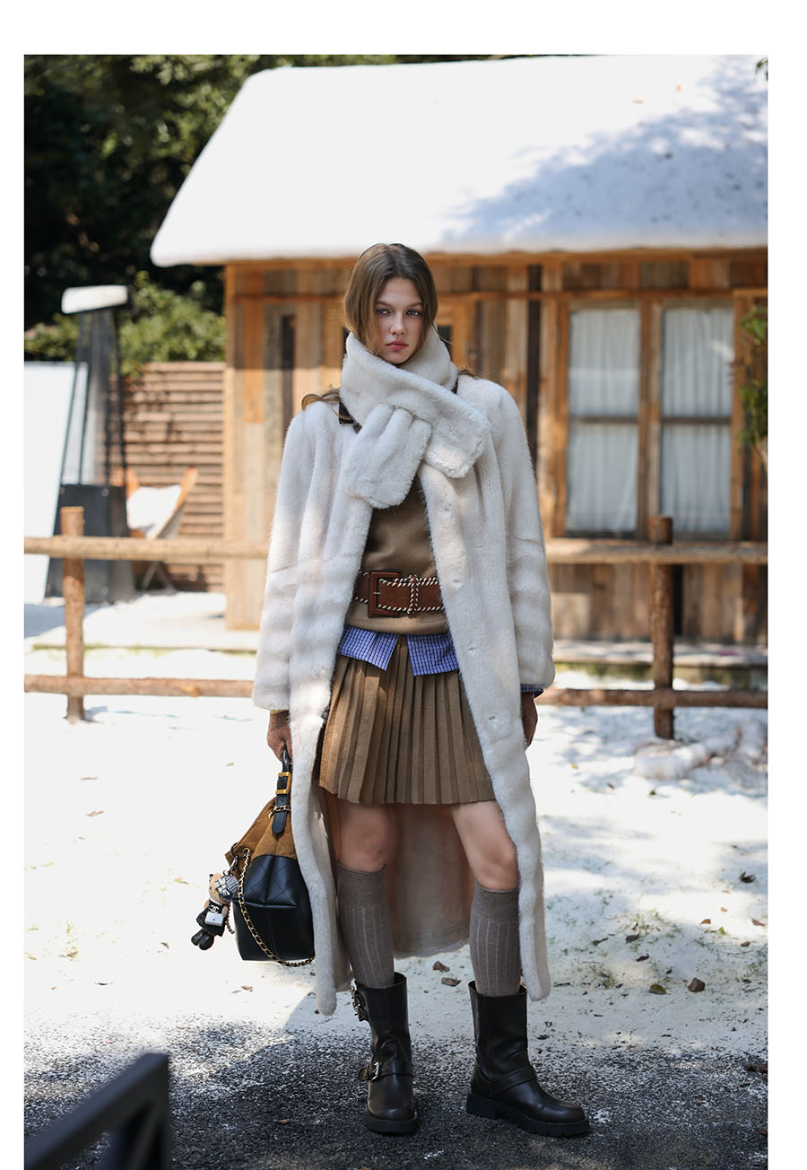 Snow Fur Coat with Scarf