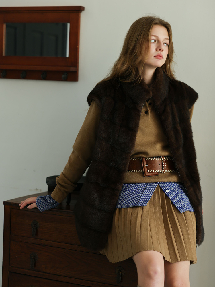 Espresso Fur Stand Collar Vest