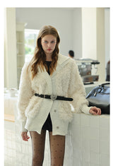 White Knit Paneled Fur Jacket