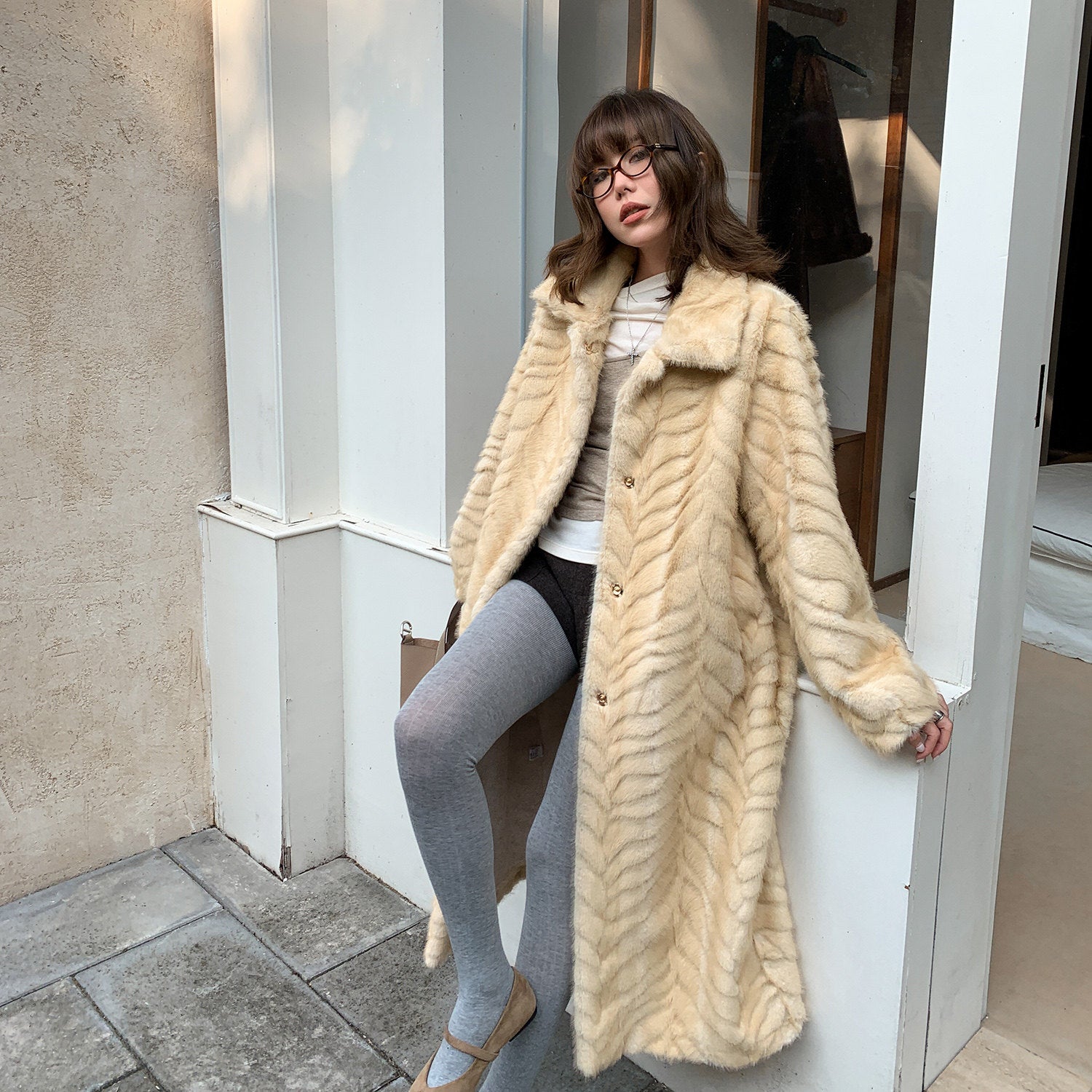 Herringbone Faux Fur Coat - Custard