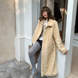 Herringbone Faux Fur Coat - Custard