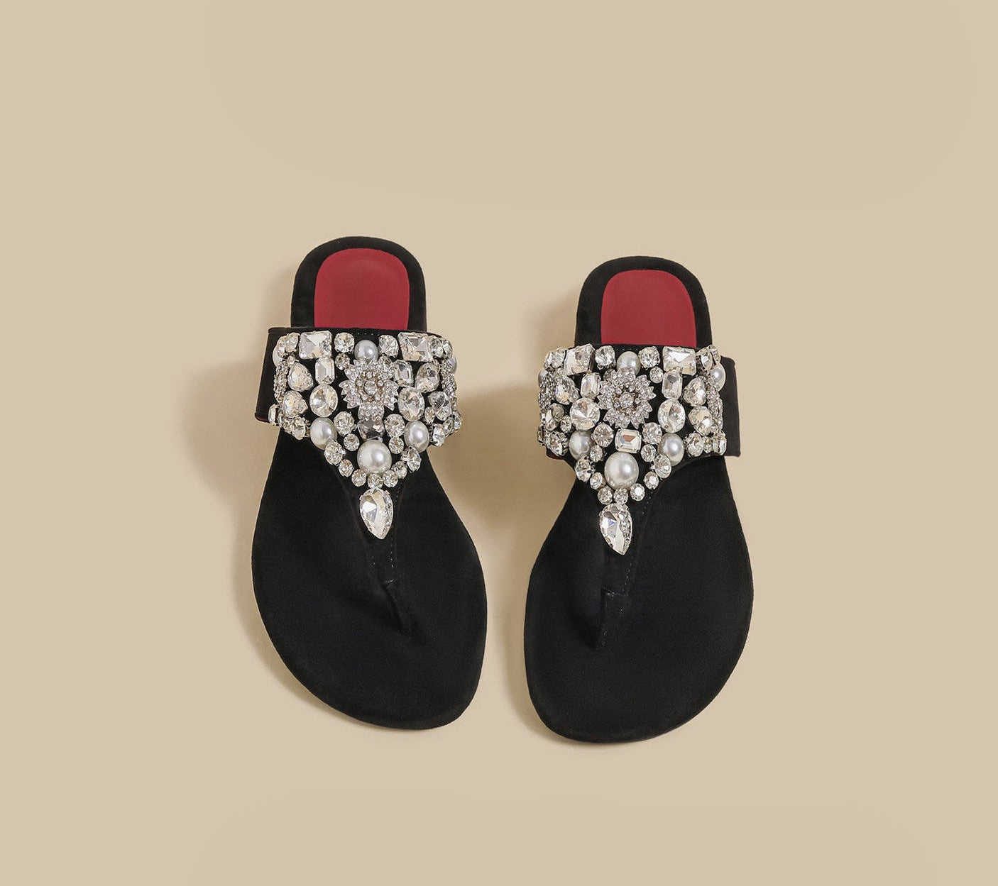 Crystal Pearl Flat Sandals (Black)
