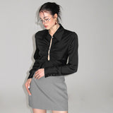 Satin Cutout Shoulder Pads Shirt