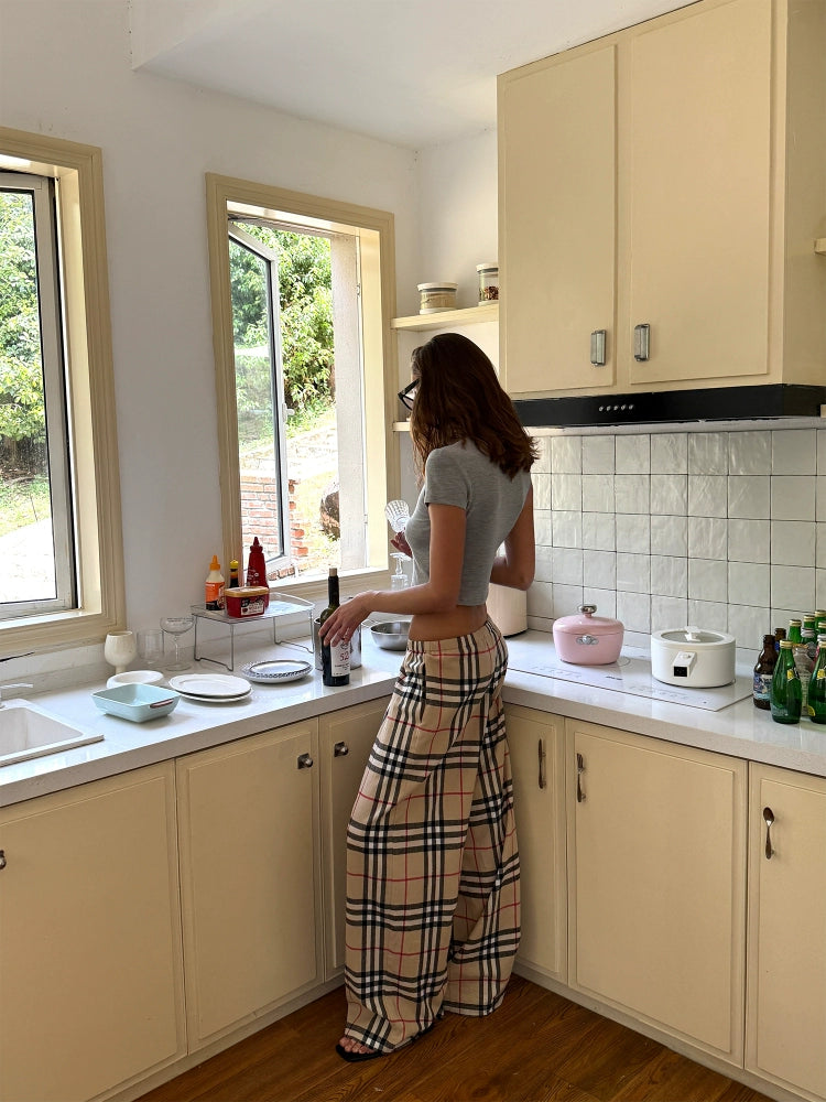 Plaid Drawstring Wide-Leg Pants