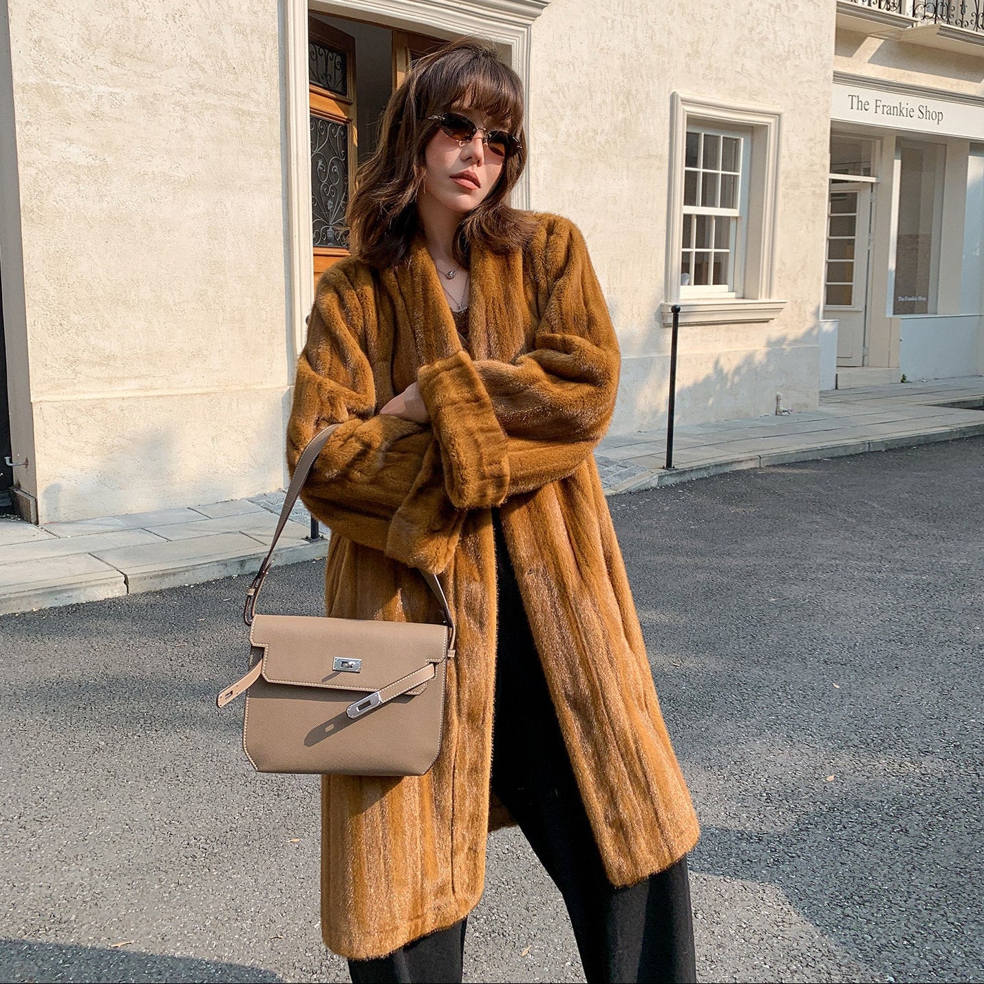 V-Neck Pullup Sleeve Fur Coat - Pumpkin