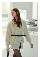 White Knit Paneled Fur Jacket
