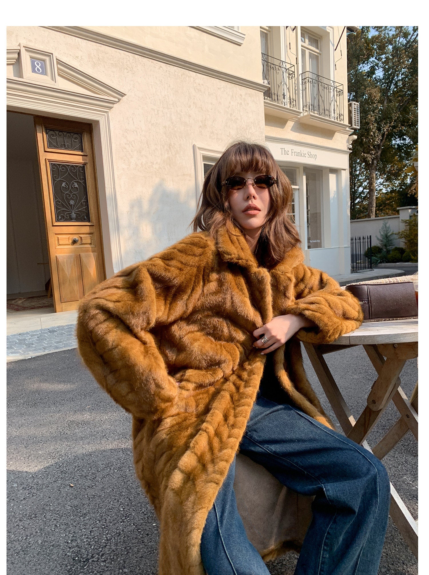 Herringbone Faux Fur Coat - Ochre