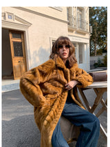Herringbone Faux Fur Coat - Ochre