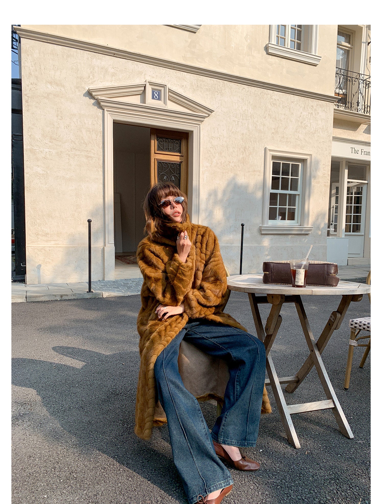 Herringbone Faux Fur Coat - Ochre