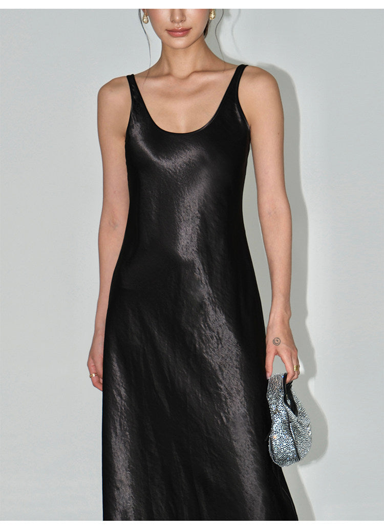 Satin Slip Midi Dress - Black