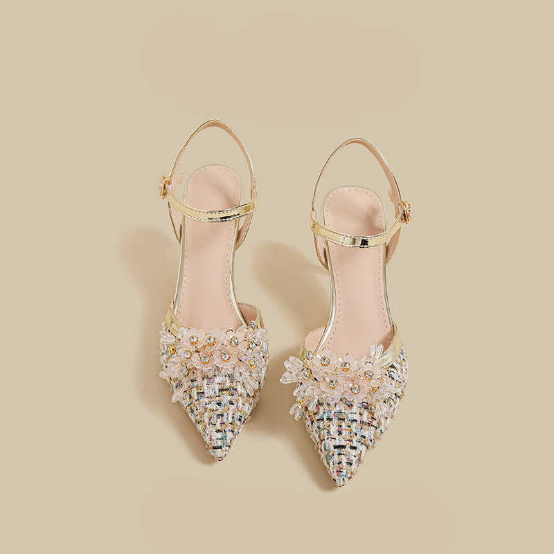 Floral Tweed Pointed Slingback Heels