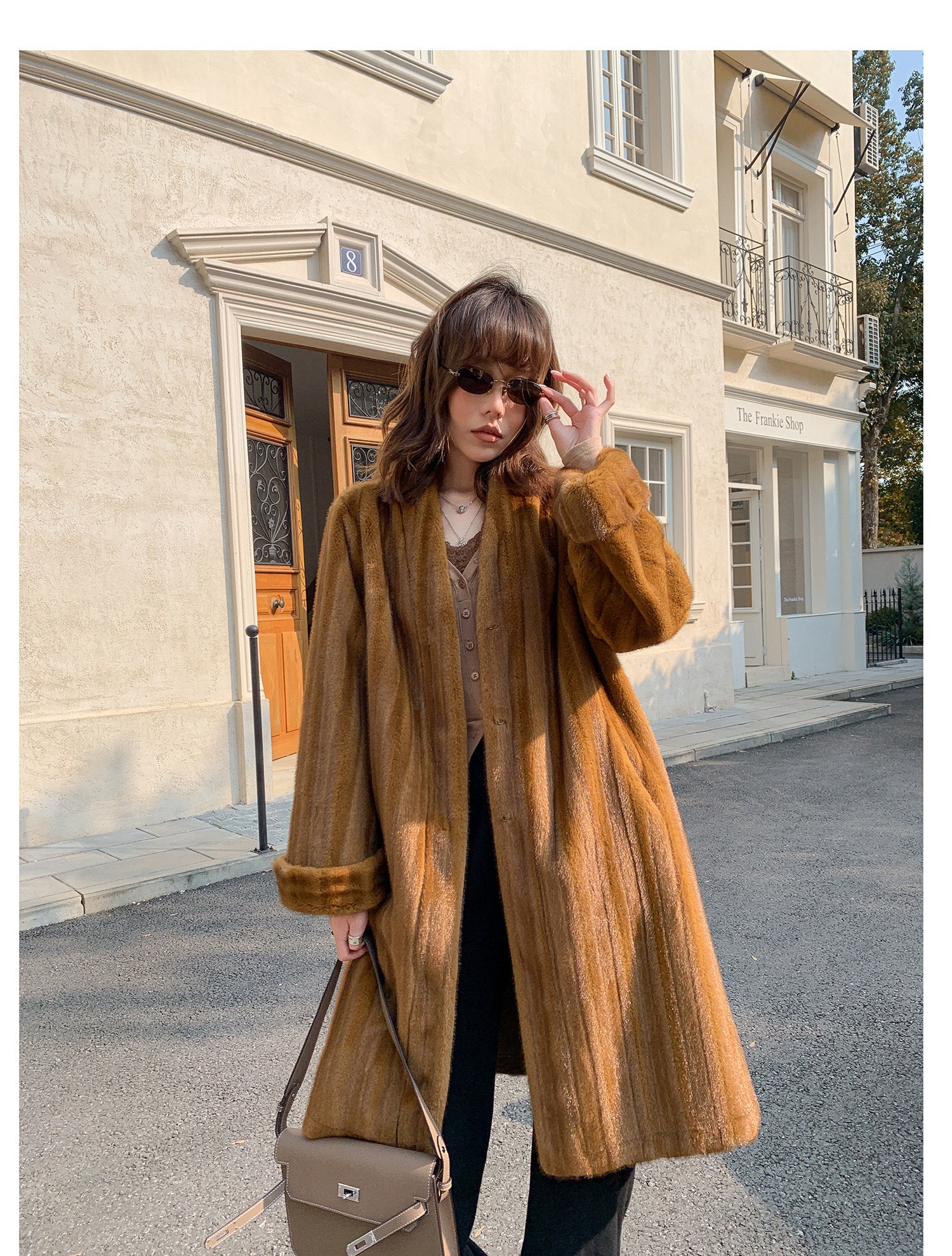V-Neck Pullup Sleeve Fur Coat - Pumpkin