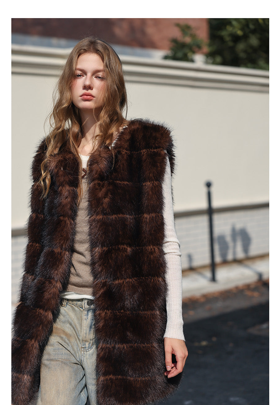 Fur Mid-Length Vest - Umber