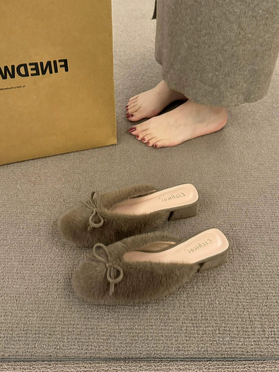 Faux Fur Bow Mule Shoes