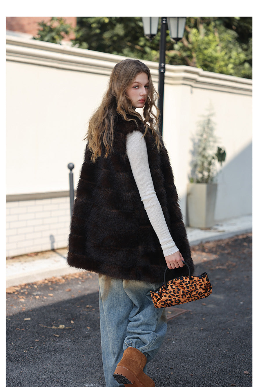 Fur Mid-Length Vest - Umber