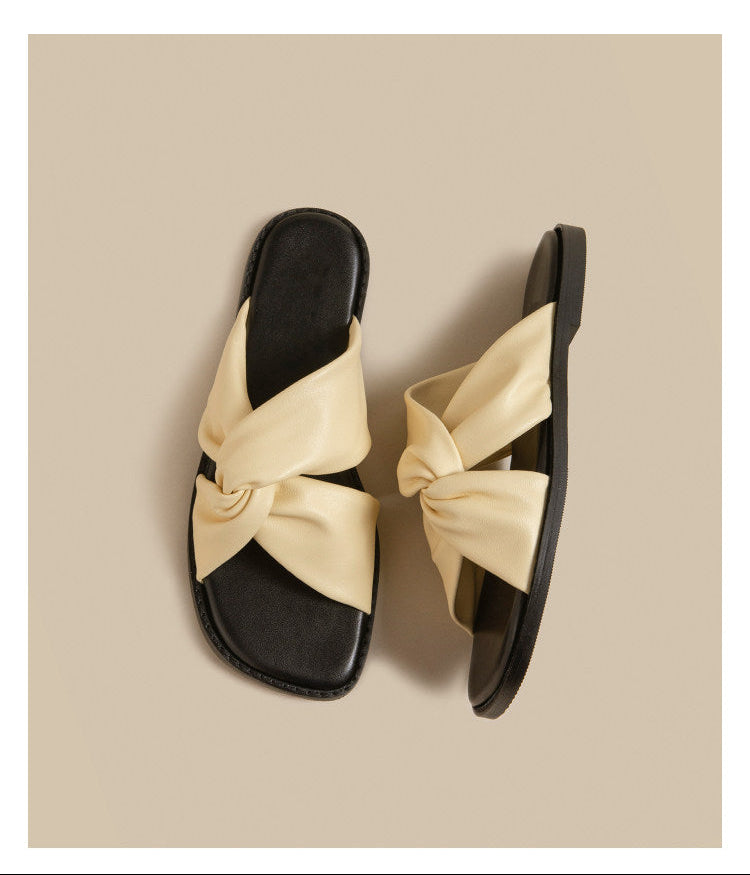 Twist Strap Flat Sandals (Beige)