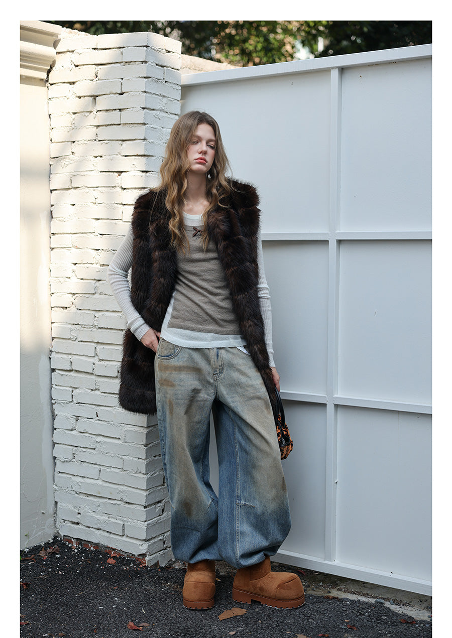 Fur Mid-Length Vest - Umber