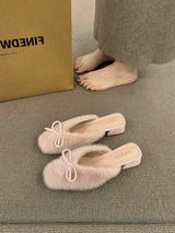 Faux Fur Bow Mule Shoes