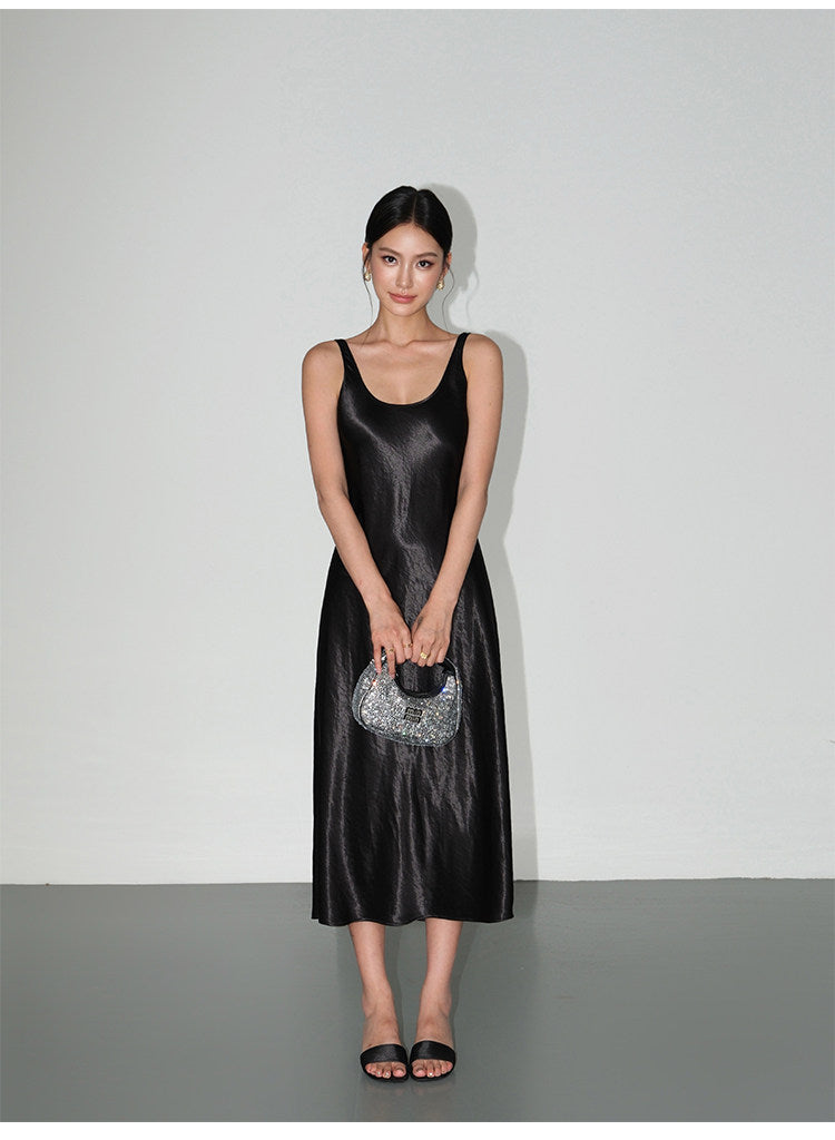 Satin Slip Midi Dress - Black
