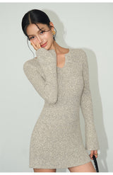 V-Neck Knit Mini Dress - Oatmeal