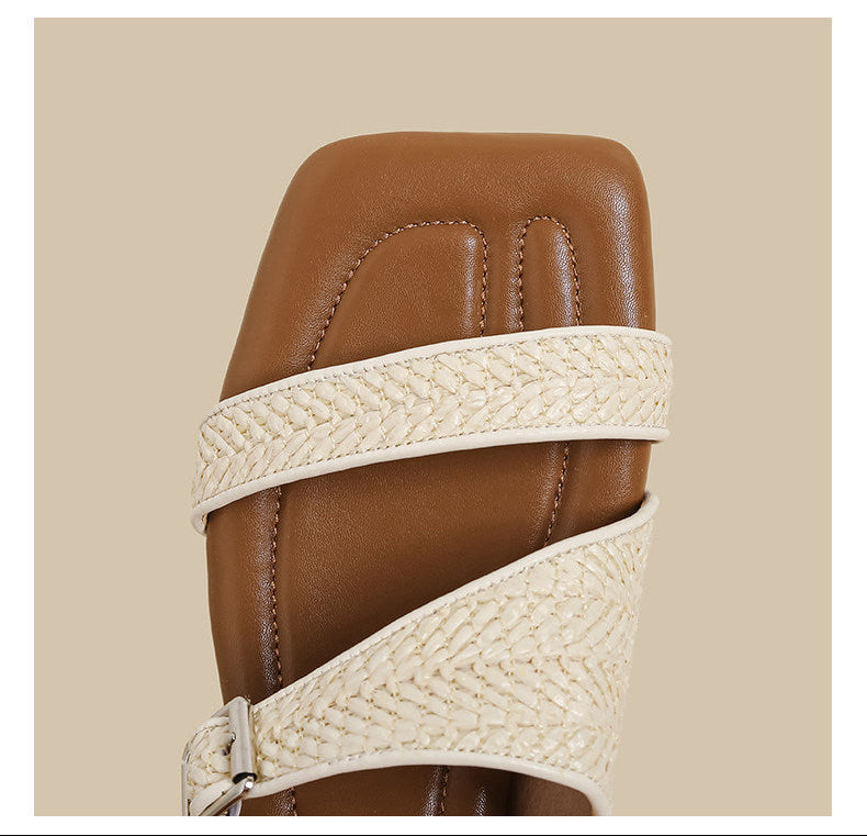 Woven Strap Slide Sandals (Brown)