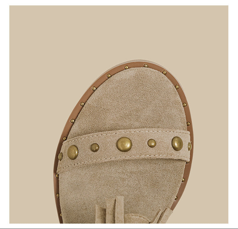 Fringe Stud Microfiber Leather Sandal