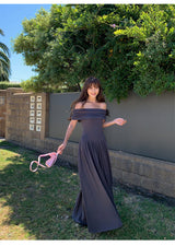 Off-Shoulder Pleated Maxi Dress