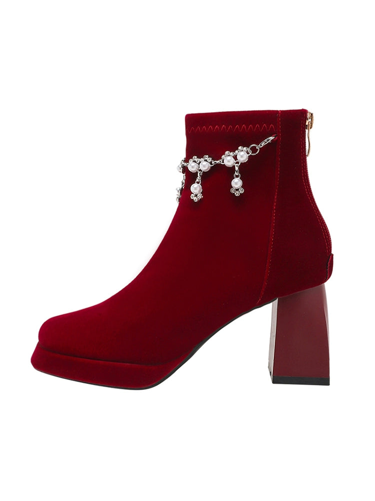 Pearl Chain Velvet Boots