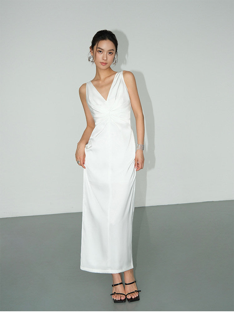 Smooth Ruched Slip Dress - White