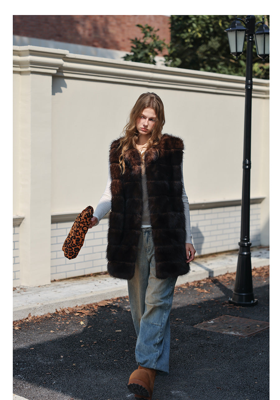 Fur Mid-Length Vest - Umber