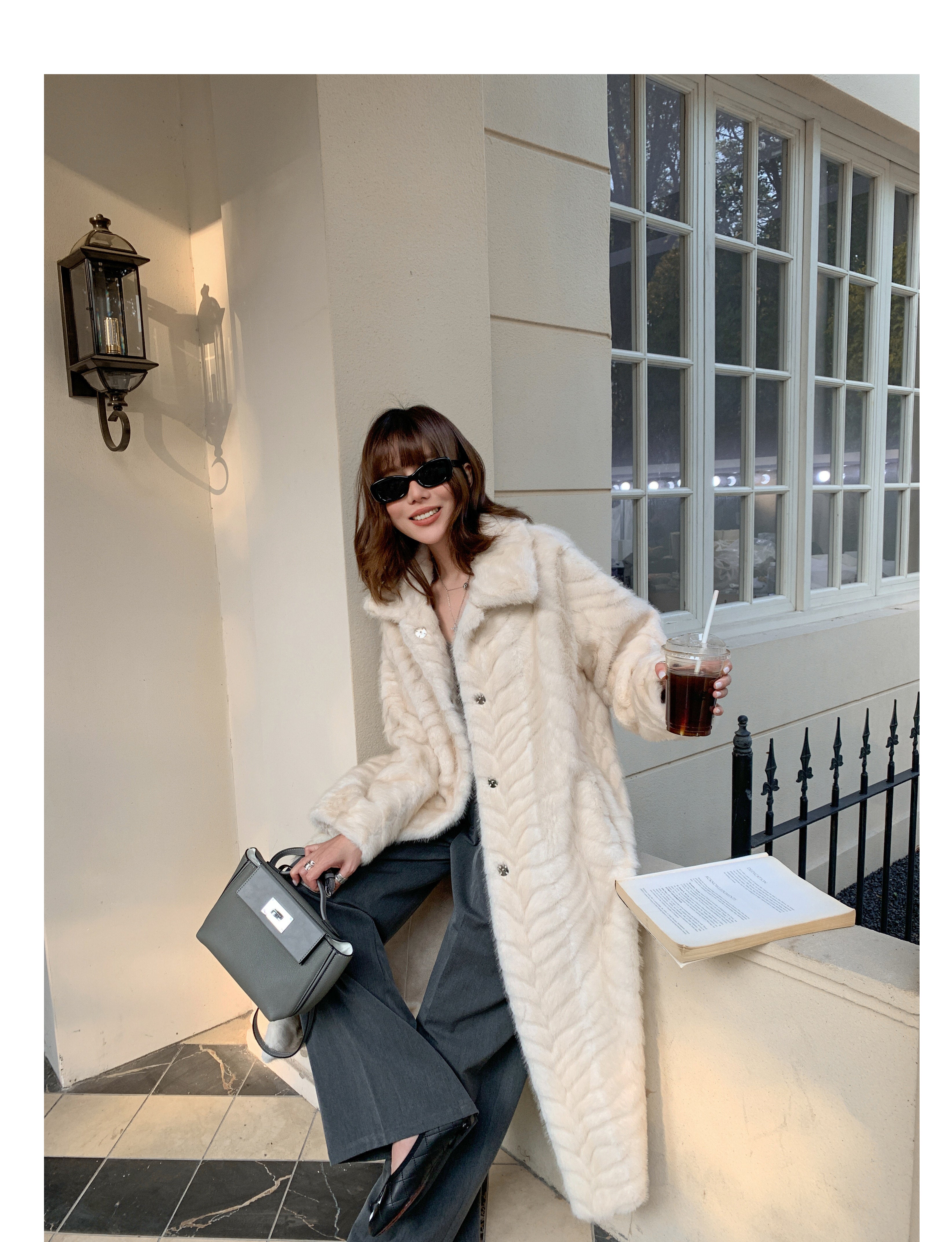 Herringbone Faux Fur Coat - Ivory