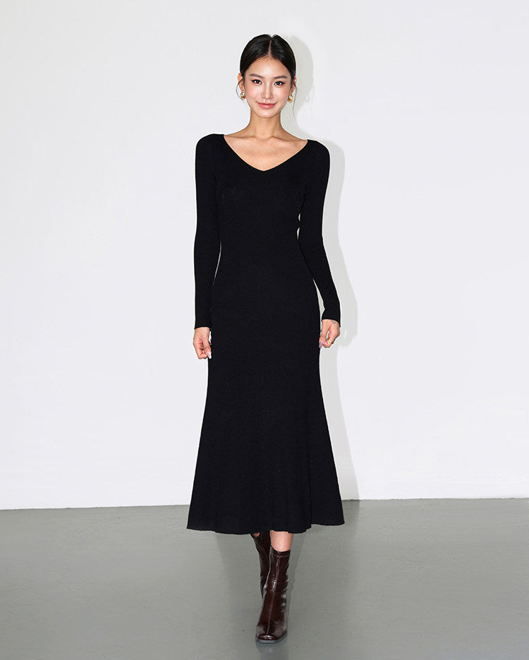 V-Neck Wool-Blend Maxi Dress