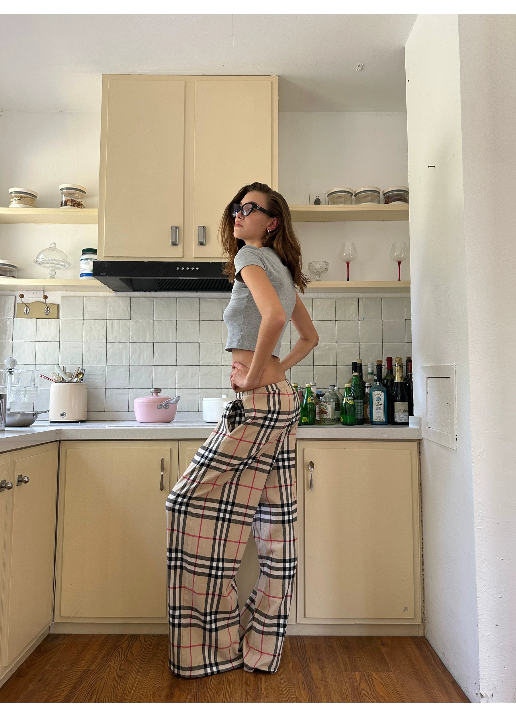 Plaid Drawstring Wide-Leg Pants