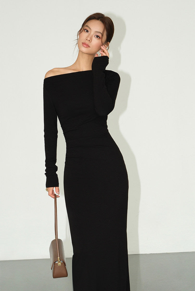 Ruched Waist Maxi Dress - Black