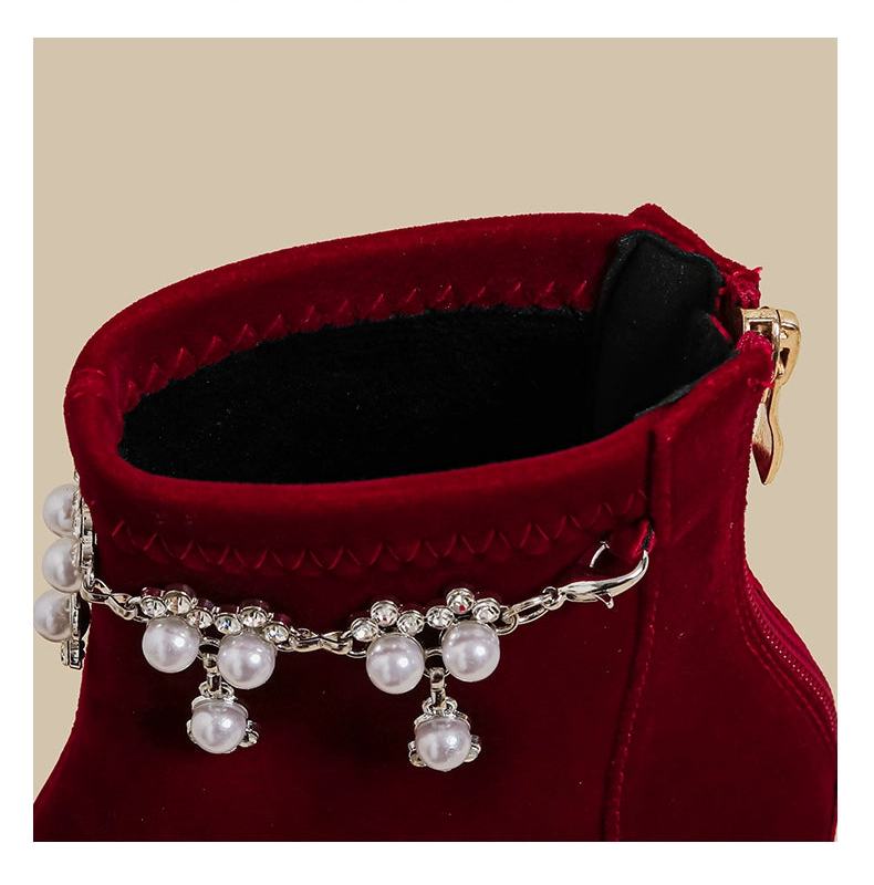 Pearl Chain Velvet Boots