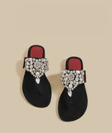 Crystal Pearl Flat Sandals (Black)