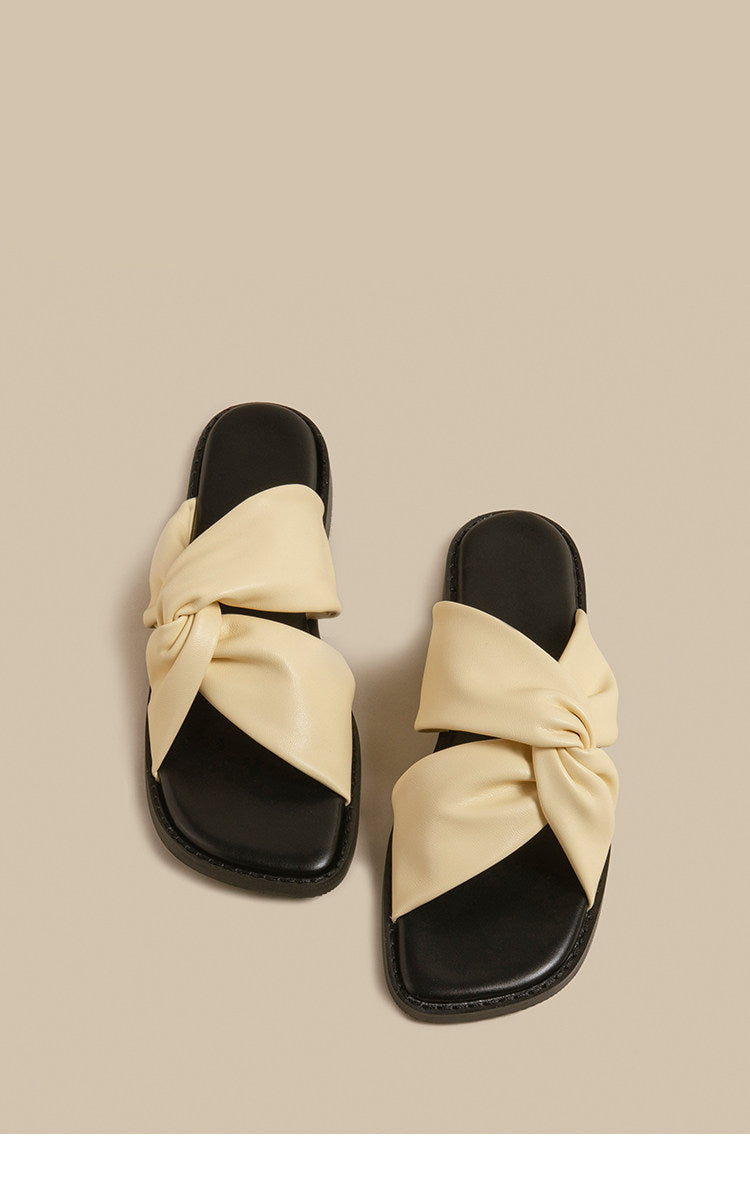 Twist Strap Flat Sandals (Beige)