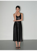 Satin Slip Midi Dress - Black