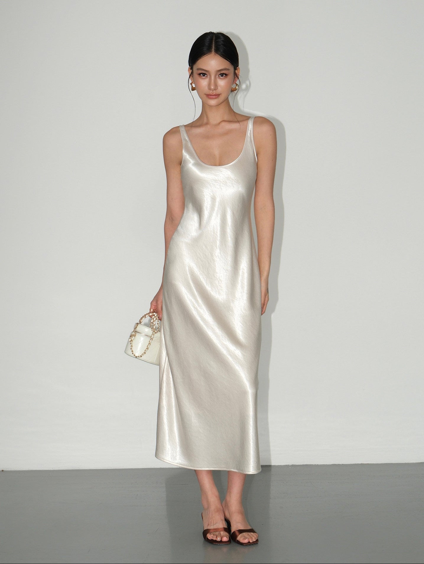 champagne midi slip dress Satin Slip Midi Dress