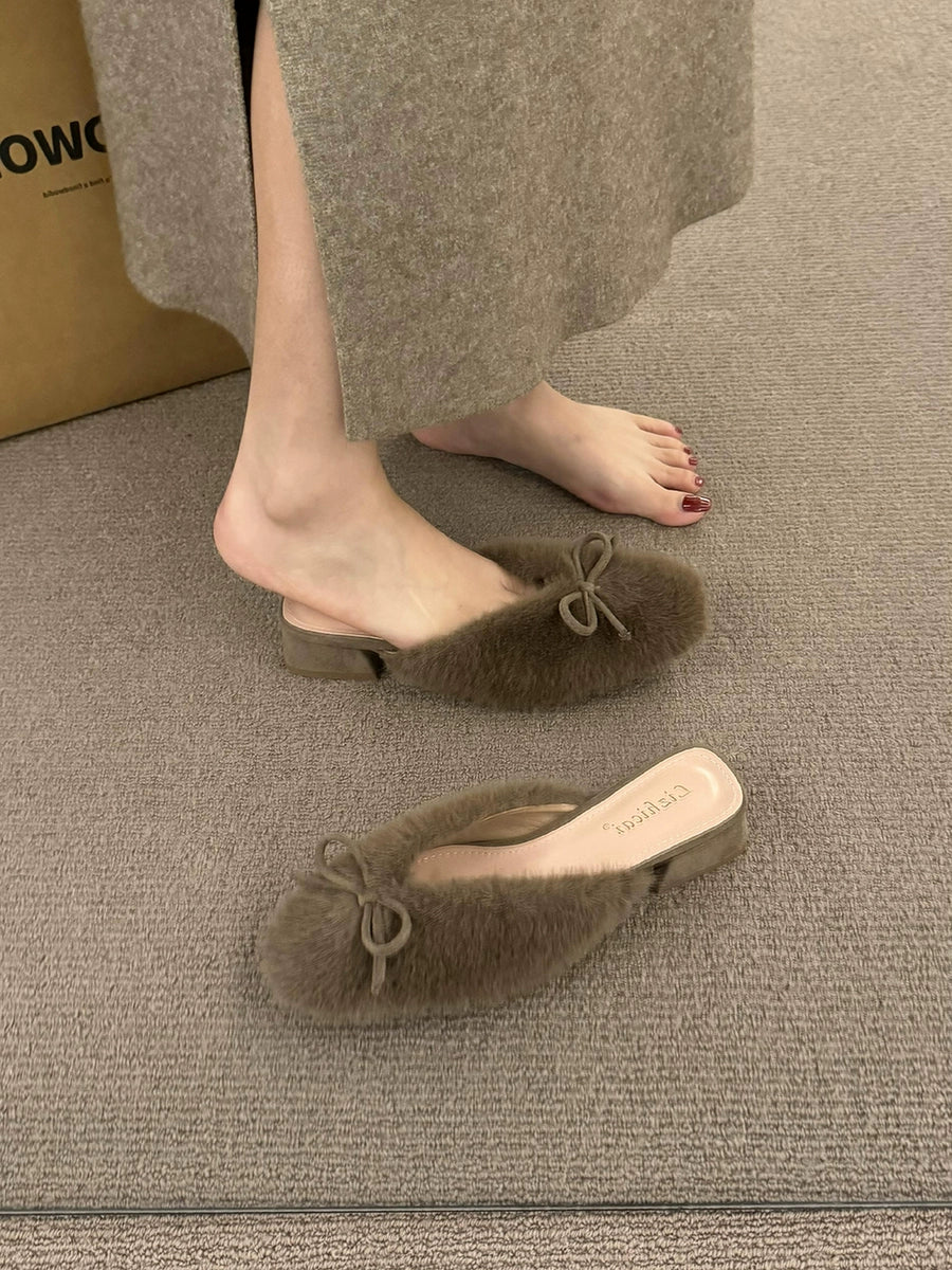 Faux Fur Bow Mule Shoes