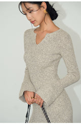 V-Neck Knit Mini Dress - Oatmeal