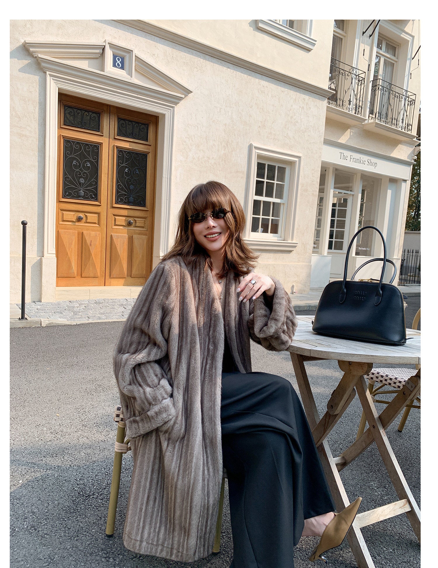 V-Neck Pullup Sleeve Fur Coat - Cement