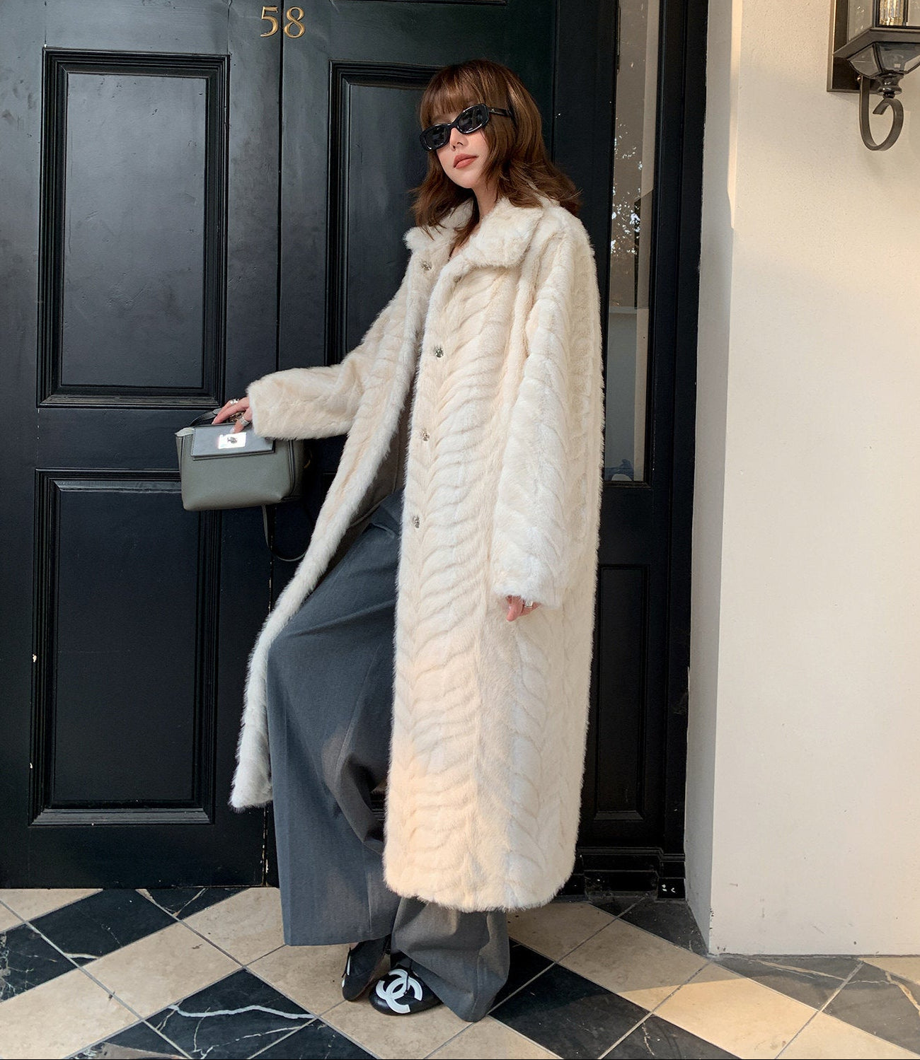 Herringbone Faux Fur Coat - Ivory