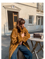 Herringbone Faux Fur Coat - Ochre