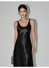 Satin Slip Midi Dress - Black